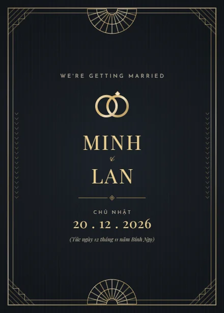 Mẫu thiệp cưới Art Deco đen vàng dọc