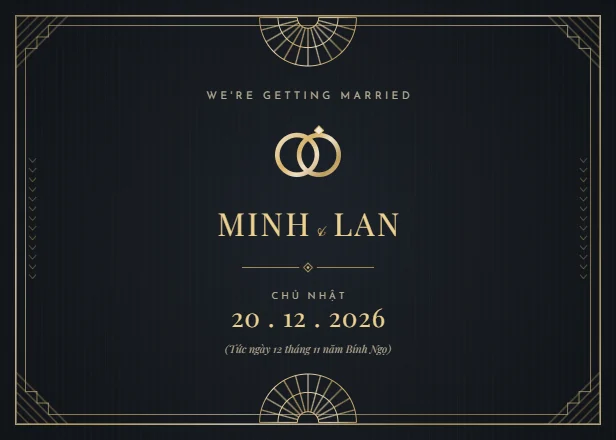 Mẫu thiệp cưới Art Deco đen vàng ngang