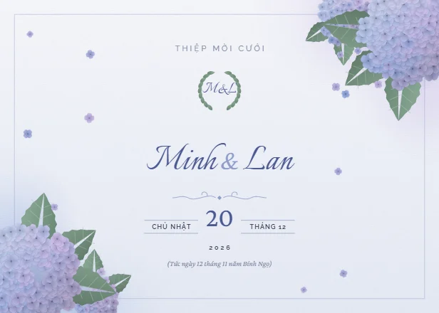 Mẫu thiệp cưới Cẩm tú cầu ngang