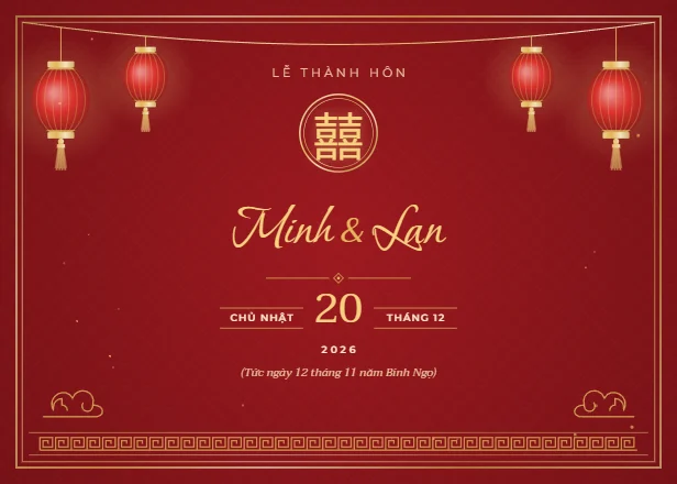Mẫu thiệp cưới Đèn lồng đỏ ngang