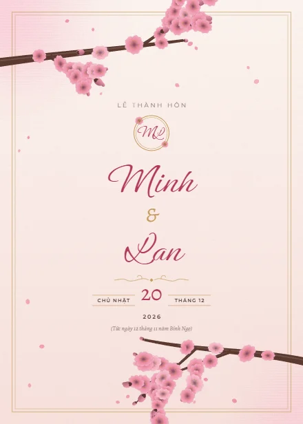 Mẫu thiệp cưới Hoa đào dọc