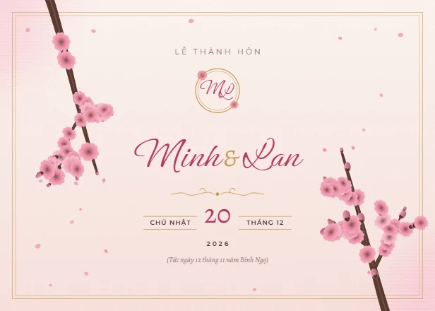 Mẫu thiệp cưới Hoa đào ngang