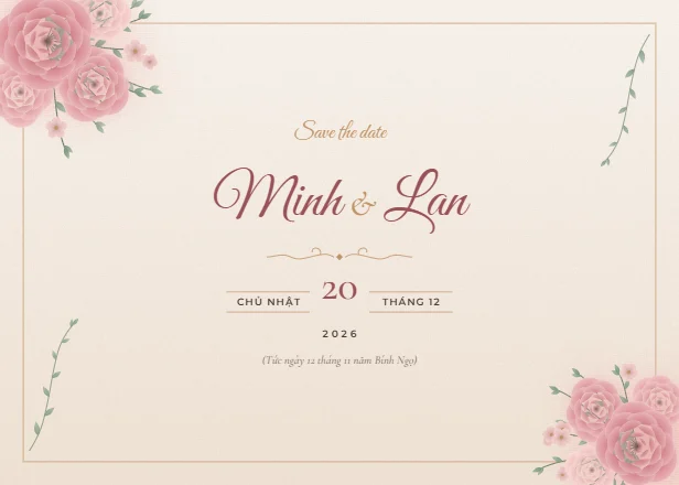 Mẫu thiệp cưới Hoa hồng kem ngang