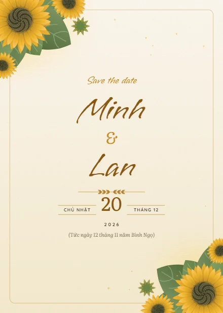 Mẫu thiệp cưới Hướng dương dọc