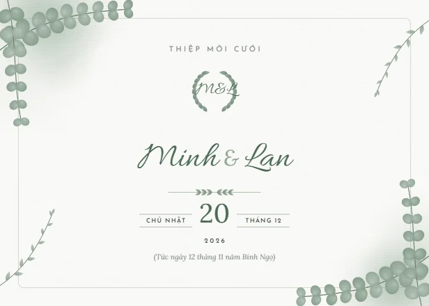 Mẫu thiệp cưới Lá bạch đàn ngang