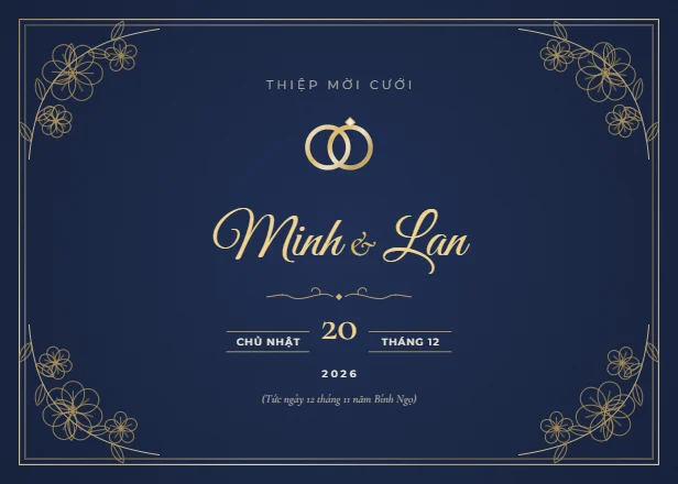 Mẫu thiệp cưới Xanh navy viền hoa ngang