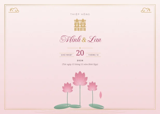 Mẫu thiệp cưới Sen hồng ngang