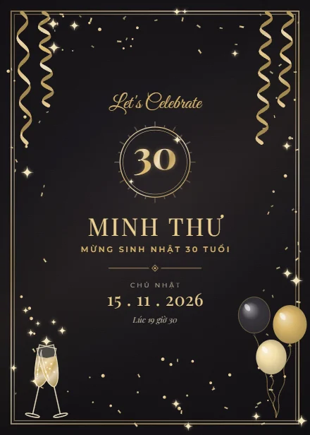 Mẫu thiệp sinh nhật Đêm tiệc vàng đen dọc