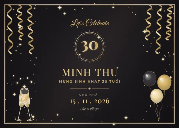Mẫu thiệp sinh nhật Đêm tiệc vàng đen ngang