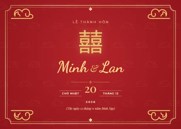 Mẫu thiệp cưới Song Hỷ đỏ ngang