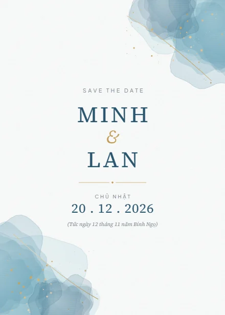 Mẫu thiệp cưới Màu nước xanh dọc