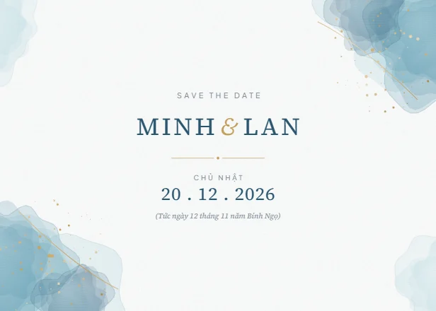 Mẫu thiệp cưới Màu nước xanh ngang