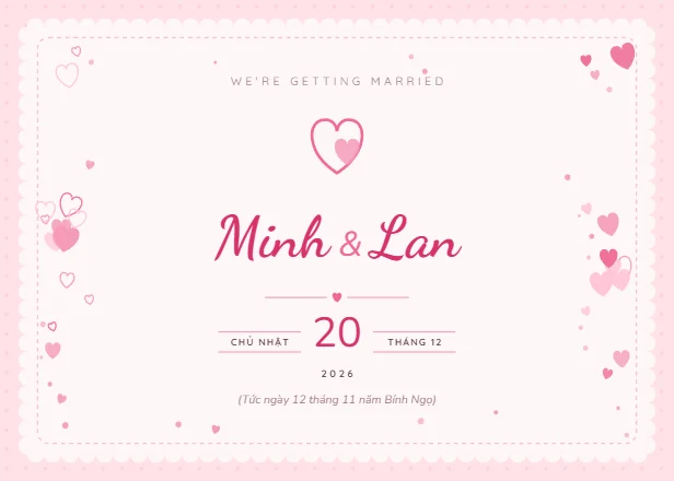 Mẫu thiệp cưới Trái tim hồng ngang