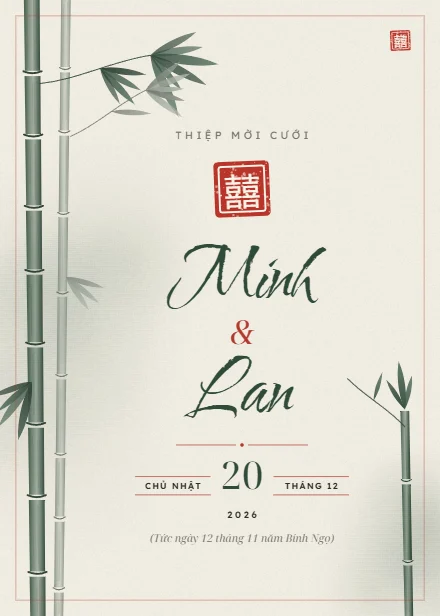 Mẫu thiệp cưới Trúc xanh dọc