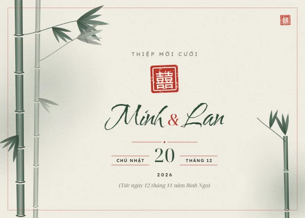 Mẫu thiệp cưới Trúc xanh ngang